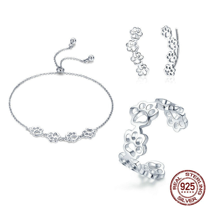 Paw Print Jewelry Set - Ring, Bracelet, & Earrings - Sterling Silver Adjustable