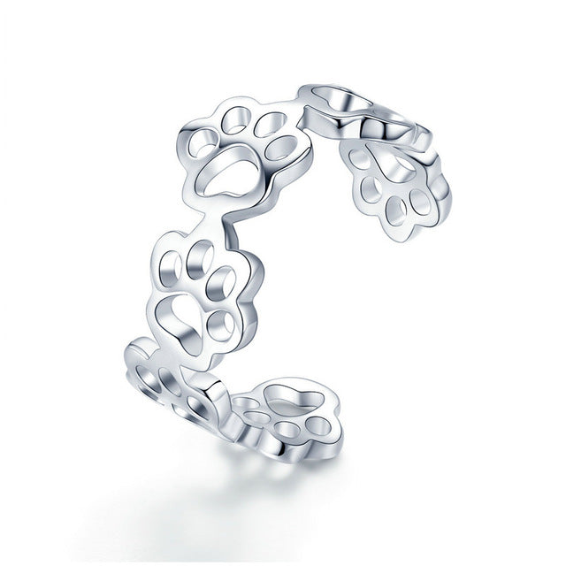Paw Print Jewelry Set - Ring, Bracelet, & Earrings - Sterling Silver Adjustable
